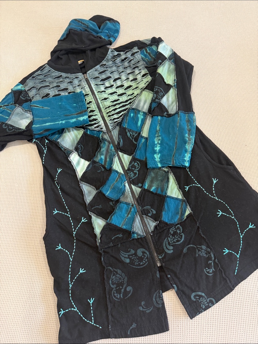 Patchwork Teal Hooded Zip Jacket for Women